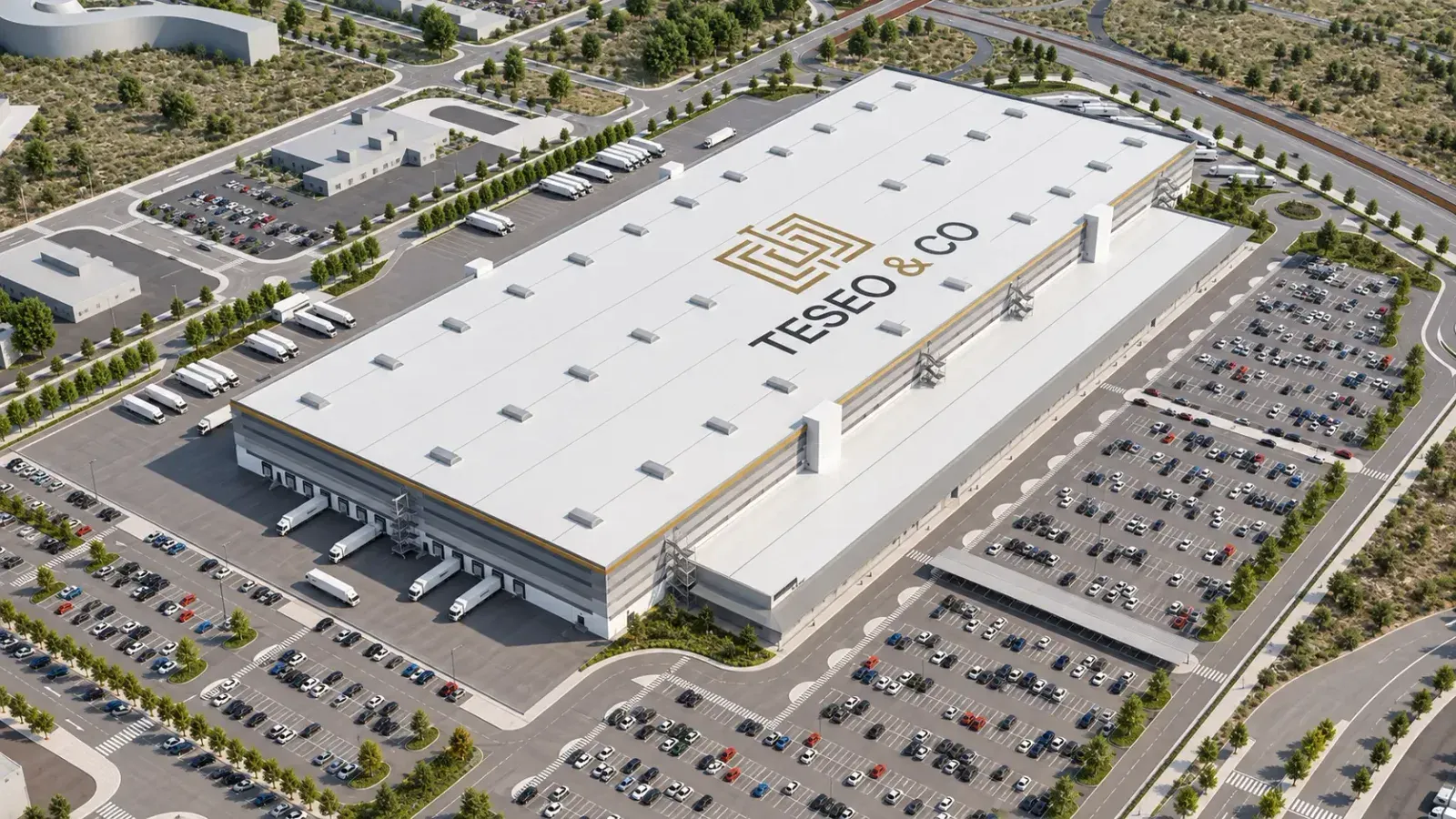 Aerial view of a large logistics platform with its car park