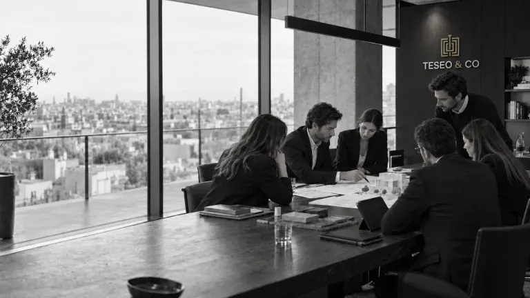 Equipo de Teseo & Co reunido en torno a una mesa de trabajo con planos y maquetas